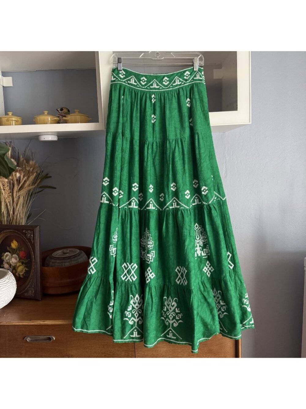 Anthropologie Green Mitra Embroidered Maxi Skirt Boho Cottagecore